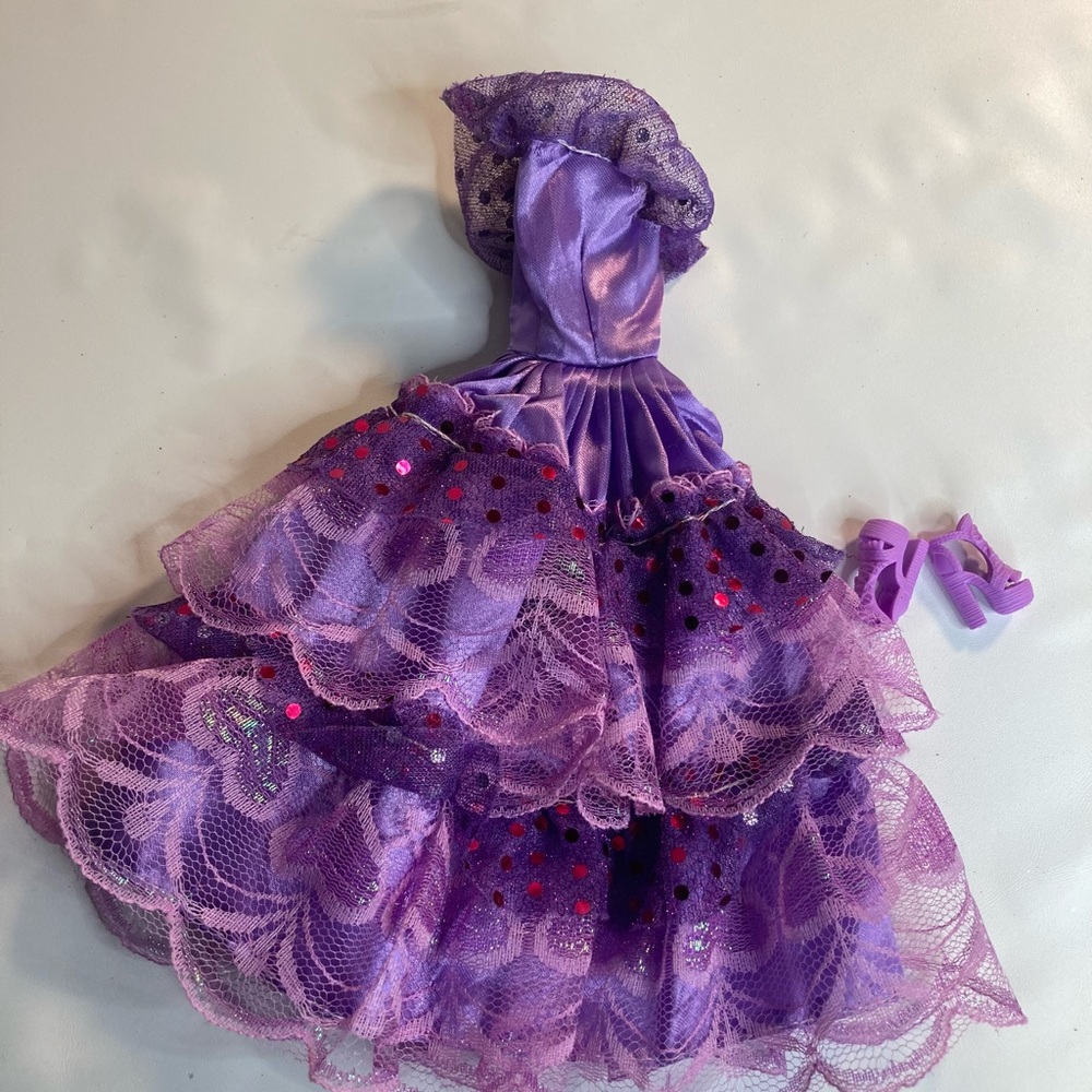 Barbie fashion doll purple lace gown heels